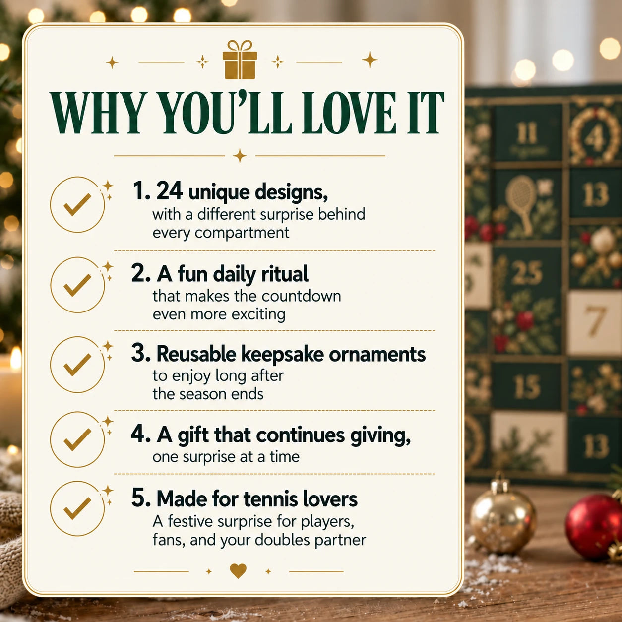 Supplied benefits graphic: 24 designs, daily ritual, keepsake ornaments and gifting