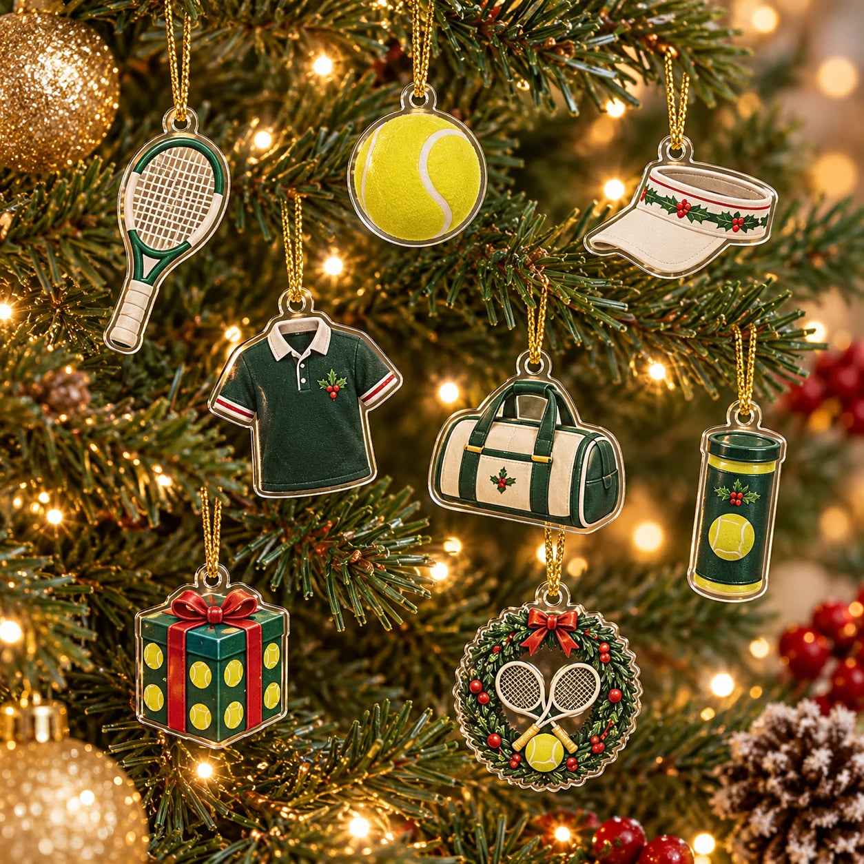 Illustrative Christmas tree with tennis-themed acrylic ornaments