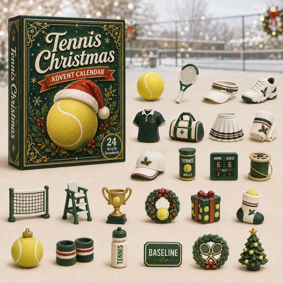 Tennis Christmas Advent Calendar 2026 with tennis-themed acrylic ornament designs